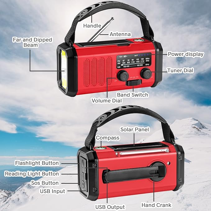 Hand Crank Emergency Radio, 10000mAh/37000mWh Solar Powered AM/FM/NOAA Weather Radio with Multi-Function LED Flashlight and Cell Phone Charger for Indoor/Outdoor Emergencies