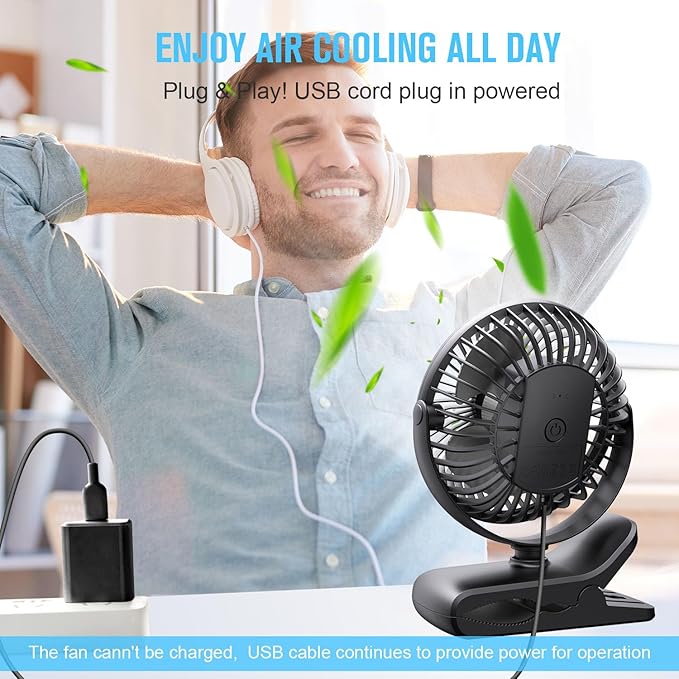 BESKAR Small Clip on Fan, 3 Speeds USB Fans with Strong Airflow, Clip & Desk Fans USB Plug in with Sturdy Clamp - Ultra Quiet operation for Office Dorm Bedroom Stroller