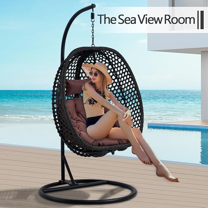 JUFU Egg Swing Chair with Stand,Hanging Egg Chair Indoor Outdoor,Hammock Hanging Basket Chair with Aluminum Steel Frame，Patio Egg Chair with Removable Cushions for Patio Balcony Backyard,Bedrooms