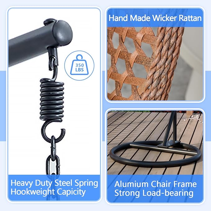 JUFU Egg Swing Chair with Stand,Hanging Egg Chair Indoor Outdoor,Hammock Hanging Basket Chair with Aluminum Steel Frame，Patio Egg Chair with Removable Cushions for Patio Balcony Backyard,Bedrooms