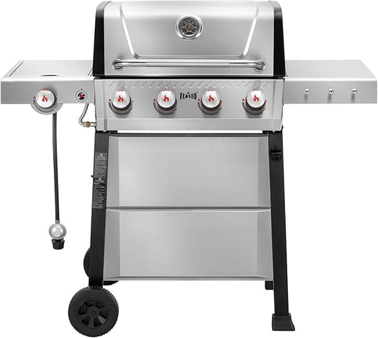 4-Burner Propane Gas Grill with Side Burner&Table, Outdoor BBQ Grill with Porcelain-Enamel Cast Iron Grates for Patio, 48,000 BTU Output Propane Grills for Outdoor Cooking, Stainless Steel