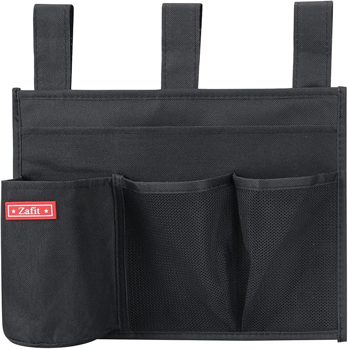 Hanging Bedside Caddy, Bedside Storage Organizer for Magazine, Phone, Remote control (4 Pockets-Black)