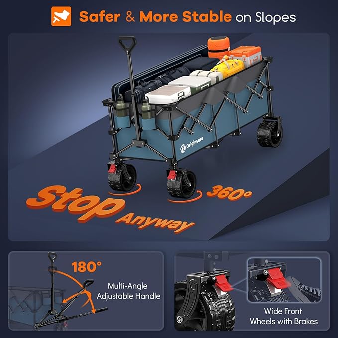 48" L Collapsible Wagon Cart Foldable, 560LB Weight Capacity 300L Heavy Duty Folding Beach Wagons with Big All-Terrain Wheels, Utility Carts for Groceries, Shopping, Camping, Sports - Grey&Blue