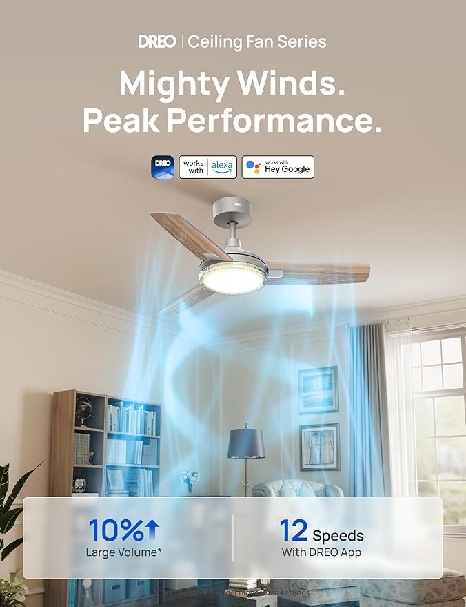 Dreo Smart Ceiling Fans with Lights, 42 Inch Grey Ceiling Fan, 12 Speeds & 3 Fan Modes, Stepless Color Tones, Dimmable LED Light, 1-12H Timer, Quiet DC Motor, Remote/APP/Alexa/Wall Switch Control