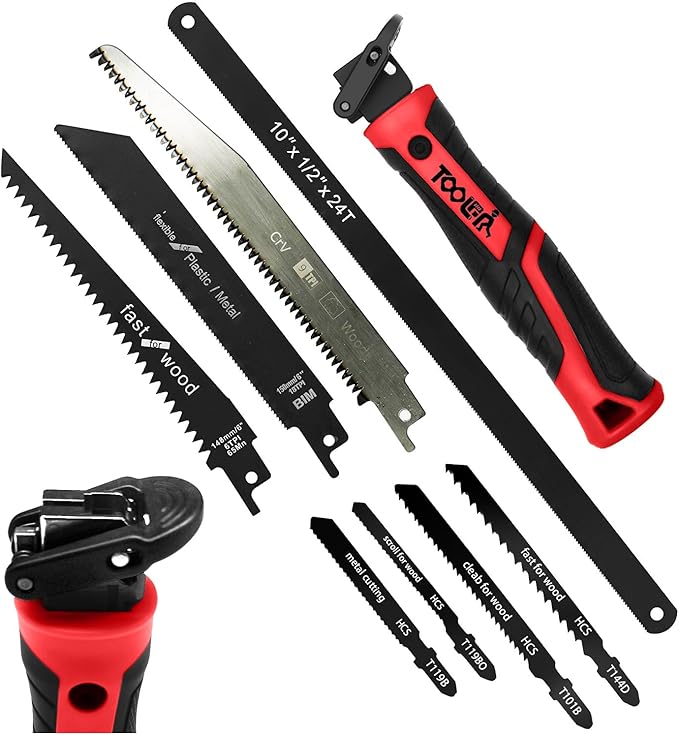8-In-1 Multi Blades Hand Saw, Drywall Cutter. Hacksaw. Long Blade, Jab Saw, For Cutting Drywall, Sheetrock, Wood, Metel, Plastic, Plywood. Blade Quick Change Mechanism. Red Handle.