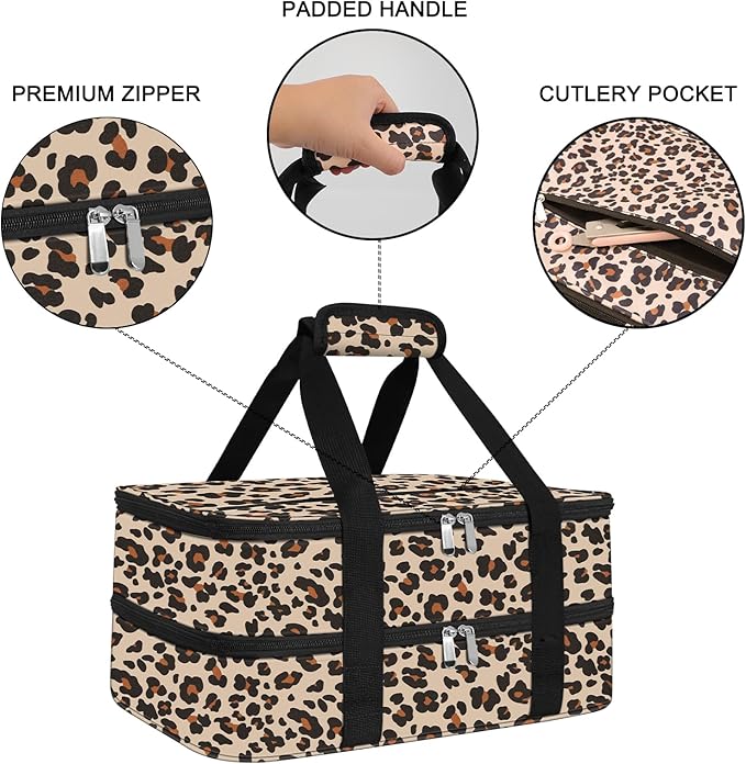 esouler Double Insulated Casserole Carrier Bag Hot & Cold Food Carrier Bag Lasagna Holder Lunch Bag for Picnics, Parties, Travel, Fits 9 x 13 Inches Casserole Dish-Leopard