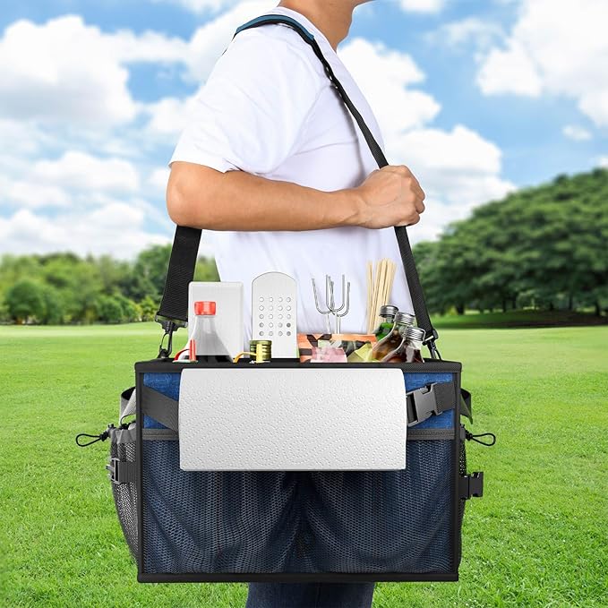 FANGSUN Large Grill and Picnic Caddy with Paper Towel Holder, BBQ Organizer for Utensil, Plate, Condiment, Collapsible & Easy Carry Griddle Caddy, Must Haves for Outdoor, Camper, Travel, Car, RV