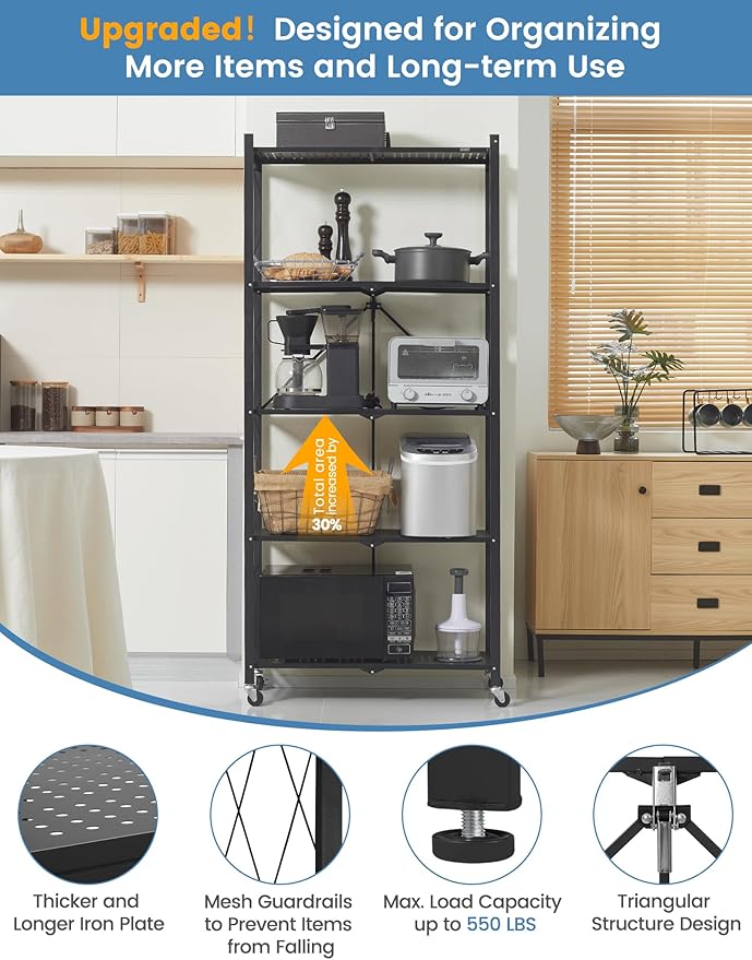 ALANNG 70.7" H Metal Storage Shelves, 5 Tier Folding Shelf on Wheels, Heavy Duty, No Assembly, Rolling, Collapsible Rack Unit for Kitchen, Basement, Pantry (Black,2 Pack)