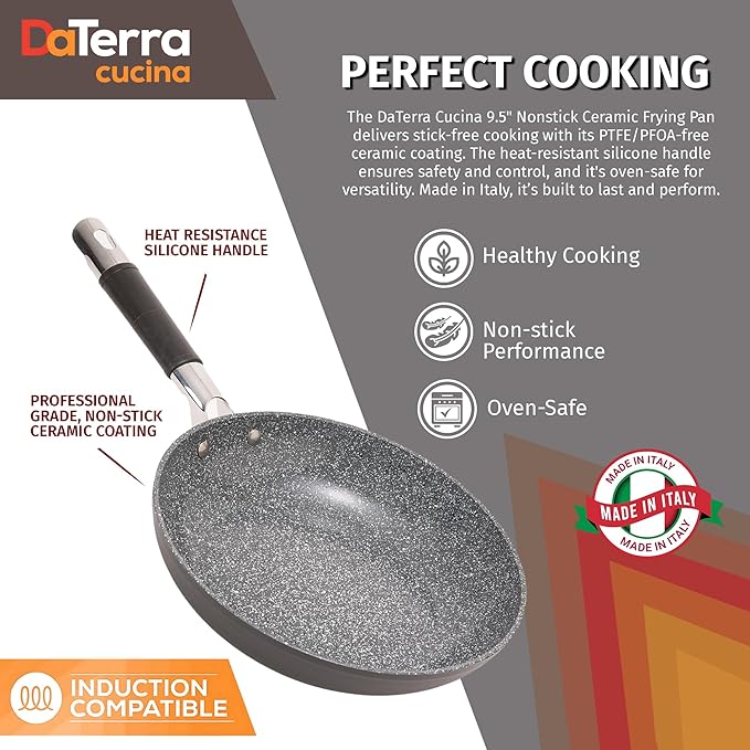 DaTerra Cucina - 9.5" Nonstick Ceramic Frying Pan - Made in Italy - Oven & Induction Safe - High Heat Resistant Nonstick Cookware - Dishwasher Safe - Volcanic Black Speckled