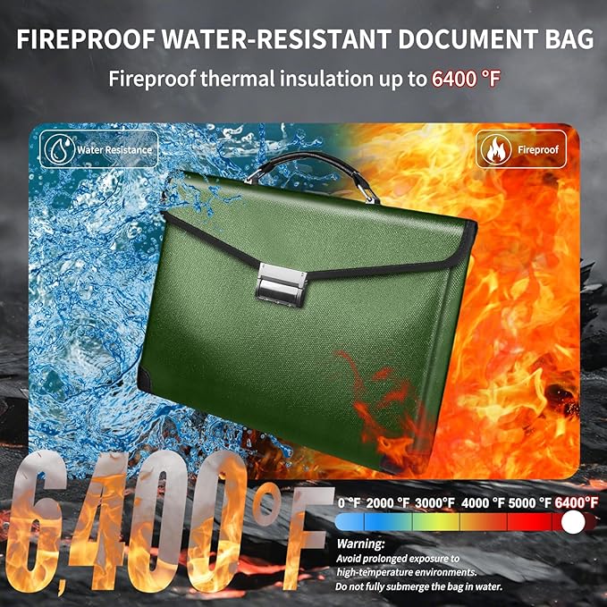 Fireproof Document Bag 14.5"X11"X2.5" Fireproof Money Bag for Cash With Lock and Zipper,Fire&Waterproof Storage Organizer Pouch for Valuables,Legal Document,Laptop,Passport,(Green)