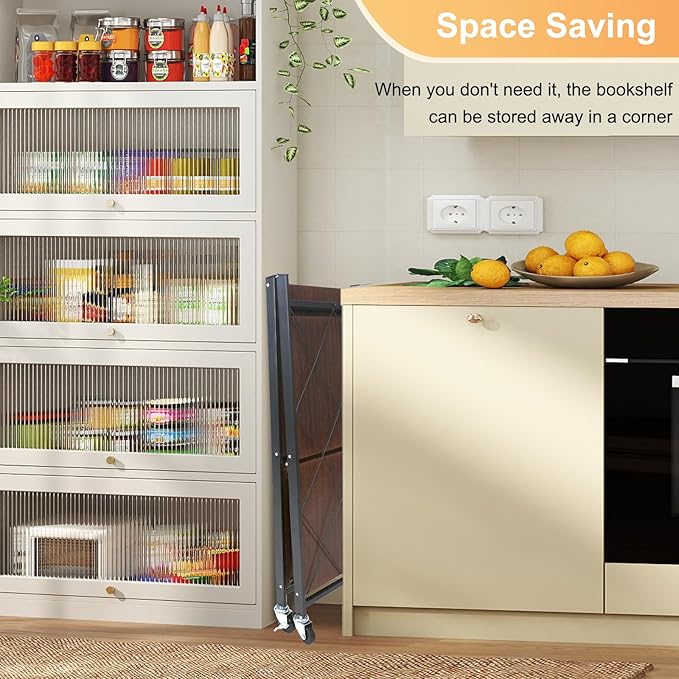 3 Tier Vintage Multifunctional Folding Shelf with Wheels, Portable Heavy Duty Storage Shelving, No-Assembly Folding Bookshelf, Metal Collapsible Rack Unit for Kitchen, Office, Bedroom, Rustic Brown