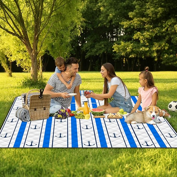 Poedist Extra Large Picnic Blanket Waterproof,80"x 80"Foldable Machine Washable Beach Blanket,Outdoor Blanket for 6-8 Adults,Suitable for Indoor Crawling,Park Beach,Camping,Hiking,Family Travel(Blue)