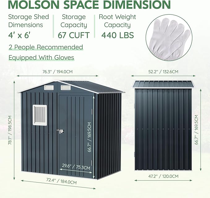 Breezz 6x4FT Outdoor Steel Storage Shed with Clear Window, Lockable Doors, Weather-Resistant Metal Tool Shed for Garden, Backyard, Patio, and Utility Storage