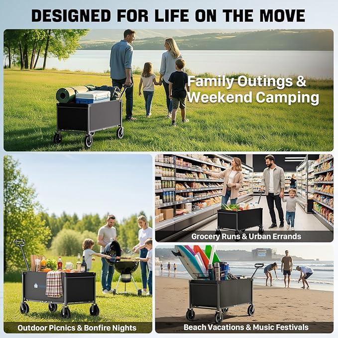 Collapsible Wagon, Heavy Duty Wagons Carts Foldable with Wheels, 150L Utility Wagon with 360LBS Capacity Wagon Cart with Wheels Foldable for Shopping, Groceries, Camping, Sports, Beach, Black