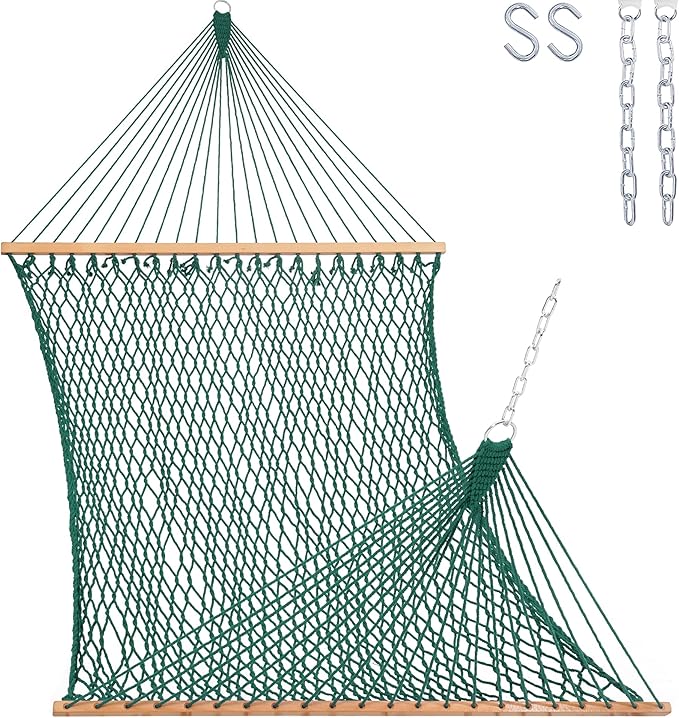 Lazy Daze Hammocks 12FT Double Rope Hammocks, 2 Person Hand Woven Cotton Hammock with Spreader Bar for Outdoor, Indoor, Patio, Poolside, FIT 13-15 Foot Stand, Max 450 Lbs, Green, 141 x 57 inches