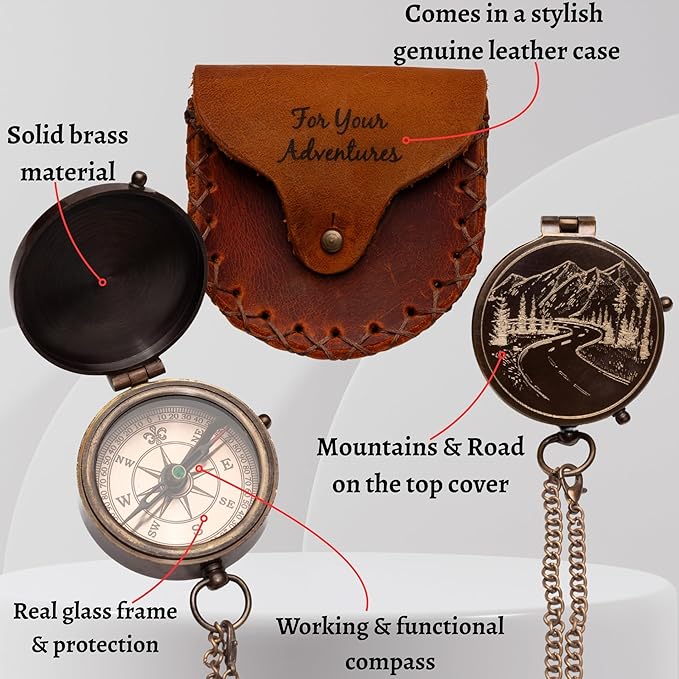 Engraved Compass Gift for Men – Vintage Brass Pocket Compass for Hiking, Adventure, and Travel – Antique Finish with Leather Case – Moon & Stars, or Road Design – Gift for Dad, Husband, or Son