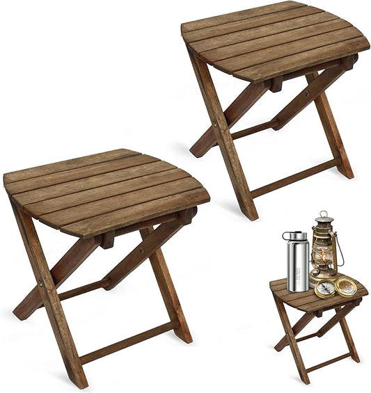 2PCs Folding Side Tables, Waterproof Patio Foldable End Table, Portable Side Table for Indoor and Outdoor Garden, Porch, Balcony, Camping, Fishing, Walnut Color, Small Size 12 inch Height