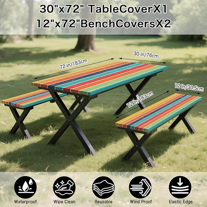 Colorful Picnic Table Cover with Bench Covers, 3 Pcs Waterproof Elastic Picnic Table Cover Outdoor Camping Essentials, Windproof Fitted Tablecloth for Camping, Indoor, Outdoor (Striped, 72X30 Inch)