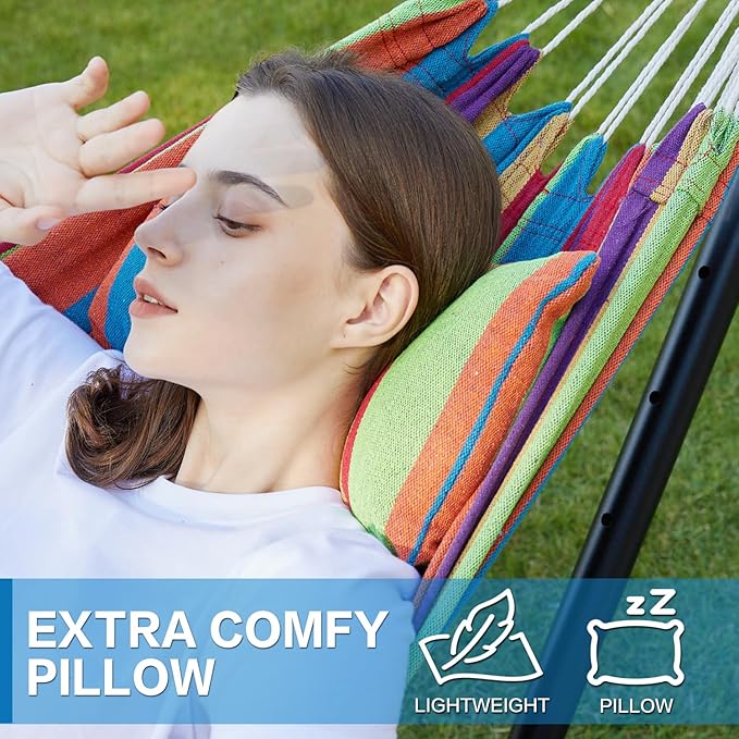 PNAEUT Double Hammocks with Stand for Outside, Portable Space Saving Heavy-Duty Steel Stand for Indoor Outdoor Patio, 450 lbs Capacity (Tropical)