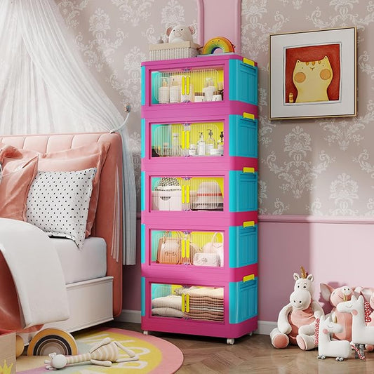 Holaki 195 QT Storage Bins with Lid, 5 Tiers Stackable Plastic Storage Bins Cabinet Box Collapsible Closet Organizers with Wheels and Magnetic Door for Princess Room, Girl(Colorful)