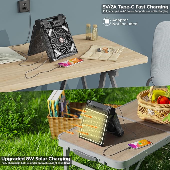 KITWLEMEN Upgraded Solar Camping Fan with Lantern - Rechargeable Battery Operated Fan, 36H Run Time Max, 4 Speeds, 8H Timer, 90° Adjustable Portable Desk Fan for Hurricane, Power Outage, Outdoor Use