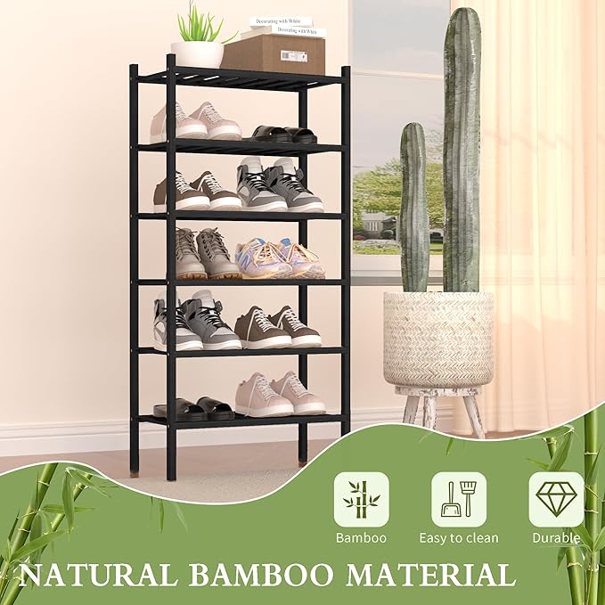 6-Tier Bamboo Small Shoe Rack, Free Standing Wood Shoe Shelf Storage Organizer for Closet Entryway Stackable (Black)