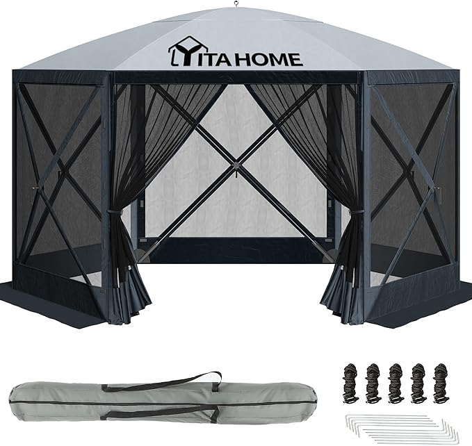 YITAHOME 11.5x11.5ft Camping Gazebo, Portable Pop Up Canopy Outdoor Screen Tent 6 Sided with Mesh Windows and Carry Bag for Camping, Picnic, Backyard Party Outside Activities, Gray