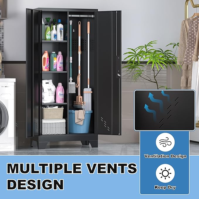 61" H Broom Closet Cabinet, Metal Storage Cabinet with Lockable Doors and Pegboard, Utility Closet for Brooms and Mops, Tool Cabinets for Home Office, Laundry Room, Garage, Workshop