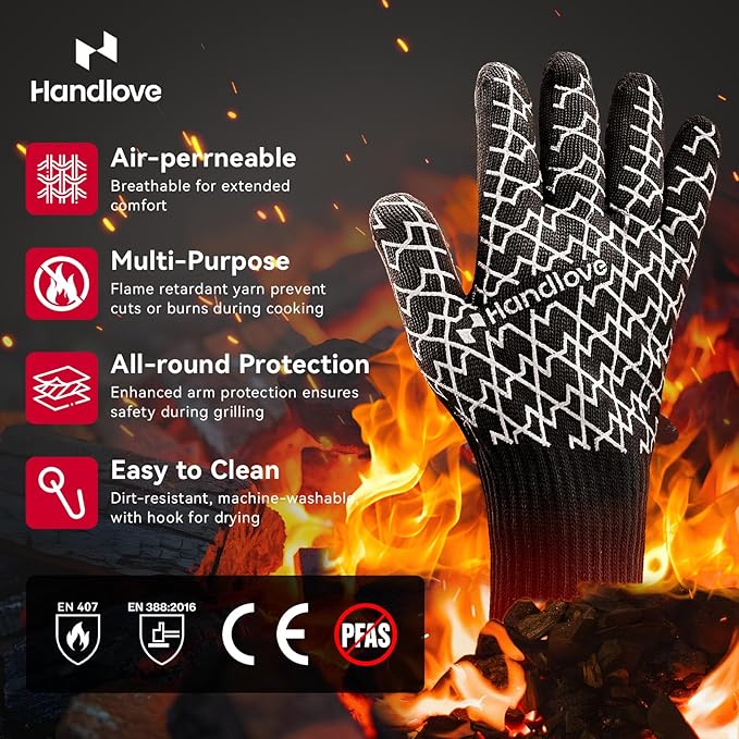 HandLove BBQ Gloves, Oven Gloves with Fingers – Heat Resistant Gloves for Grilling | Silicone Grip, Long Cuff Mitts - Kitchen & Outdoor Barbecue, Cooking, Baking, Black,S