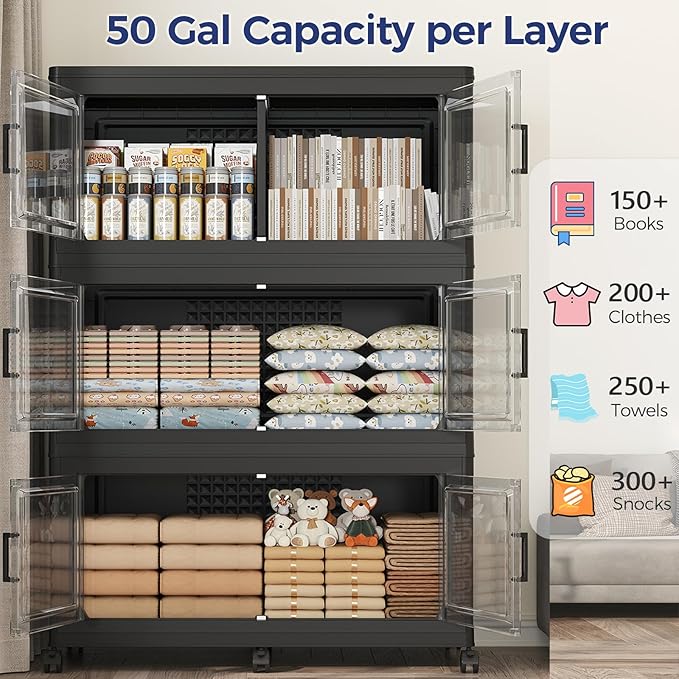 200GAL Extra Large Storage Bins with Lid, 800Qt Stackable Closet Organizers and Drawers, Collapsible Storage Bins with Wheels, Folding Storages Cabinet for Home Bedroom Office, 4Pack Black