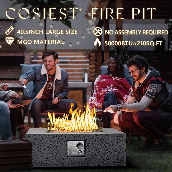 COSIEST Outdoor Propane Fire Pit Coffee Table w Square Faux Stone 35-inch Base, CSA Certified, 50,000 BTU Stainless Steel Burner, Free Lava Rocks and Rain Cover, Wind Guard, Tank Cover,Gray
