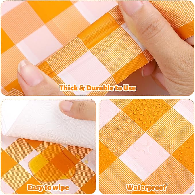 54 Inch x 300 Ft Orange Checkered Plastic Table Cloth Roll Disposable Waterproof Plastic Cover Roll with Easy Slide Cutter for Outdoor Picnic/Home Dining/Fall Thanksgiving Party Decoration