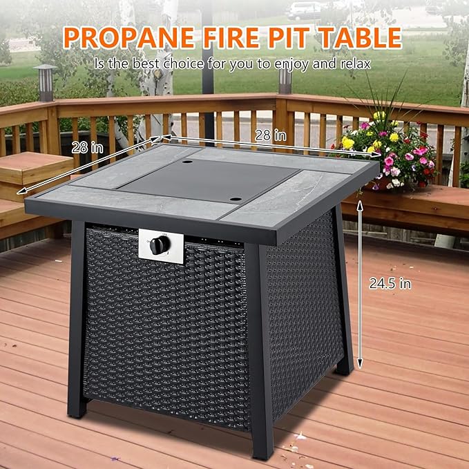 28" Propane Fire Pit Table 50000BTU, Rectangle Steel Fire Table with Cover & CSA Certified, Sturdy Iron Fence Surface