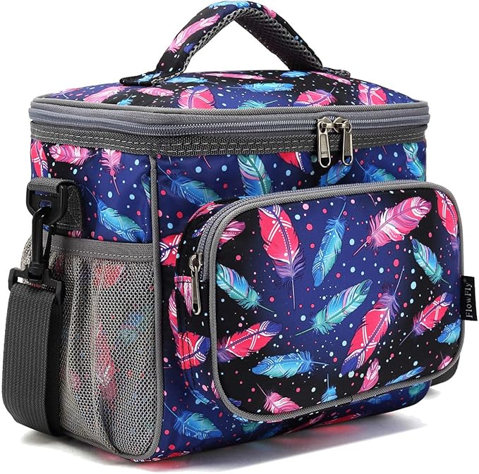 FlowFly Insulated Reusable Lunch Bag Adult Large Lunch Box for Women and Men with Adjustable Shoulder Strap,Front Zipper Pocket and Dual Large Mesh Side Pockets,Feather