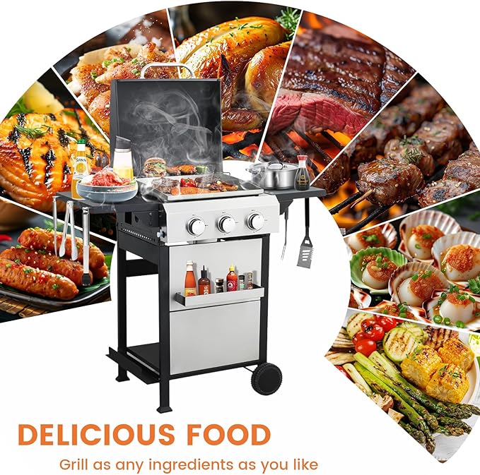 3-Burner Propane Gas BBQ Grill, SS Plancha, 36900BTU Stainless Steel Barbecue Grill With Wire Enamel Cooking Grids Foldable Side Table for Outdoor Camping (Style7: 3-Burner with SS Plancha)