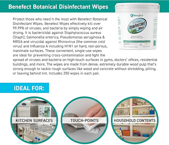 Benefect Botanical Disinfecting Wipes - (250 Wipe Count) Natural, No Residue - Antibacterial Disinfectant, Multi-Surface Cleaning and Sanitizing Wipes