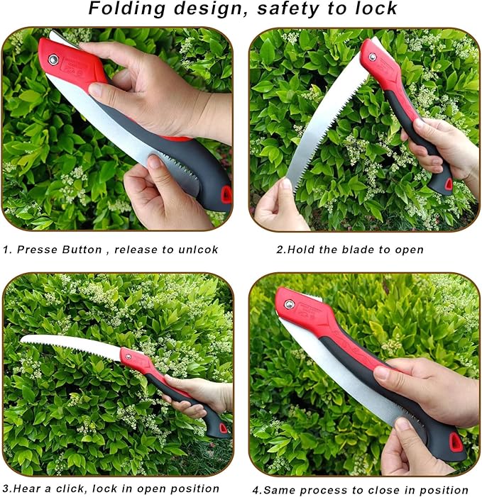 12 Inch Heavy Duty Pruning Saw, Folding Hand Saw with SK5 Curved Blade, Triple-cut Razor Teeth Used for Trees Wood Cutting Camping Gardening Work, Hiking, Landscaping, Tree Trimming