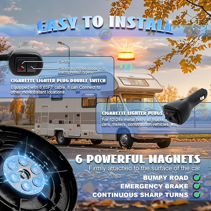 Amber Beacon Light, 96-LED Emergency Magnetic Beacon Light, 7" Magnetic Strobe Lights Rooftop Warning Caution Flashing Lights for 12V-24V Vehicles Trucks Service Tractor Forklifts Snow Plow