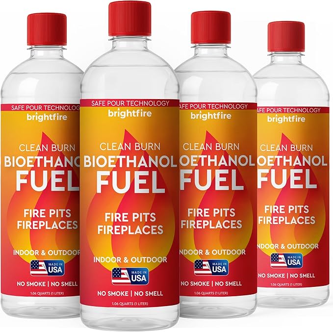 Bio Ethanol Fireplace Fuel 4 x 1L - Clean Burning & Odorless - USA Made Bioethanol Fuel for Tabletop Fire Pit, Fireplaces & Stoves – Indoor & Outdoor Use (4-Pack)