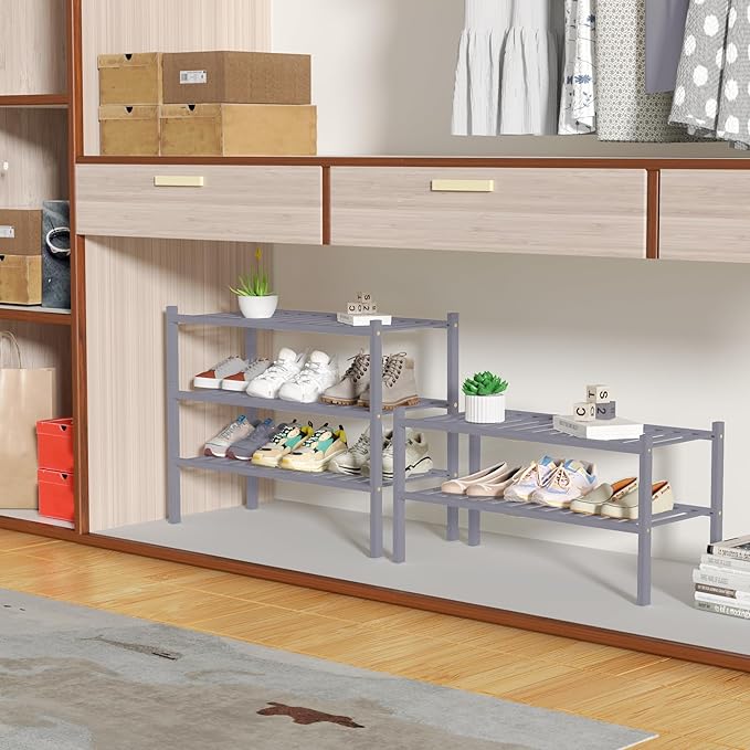3 Tier Bamboo Shoe Rack for Closet Free Standing Wood Shoe Shelf Storage Organizer for Entryway Small Space Stackable 27"x11"x20" (Grey)