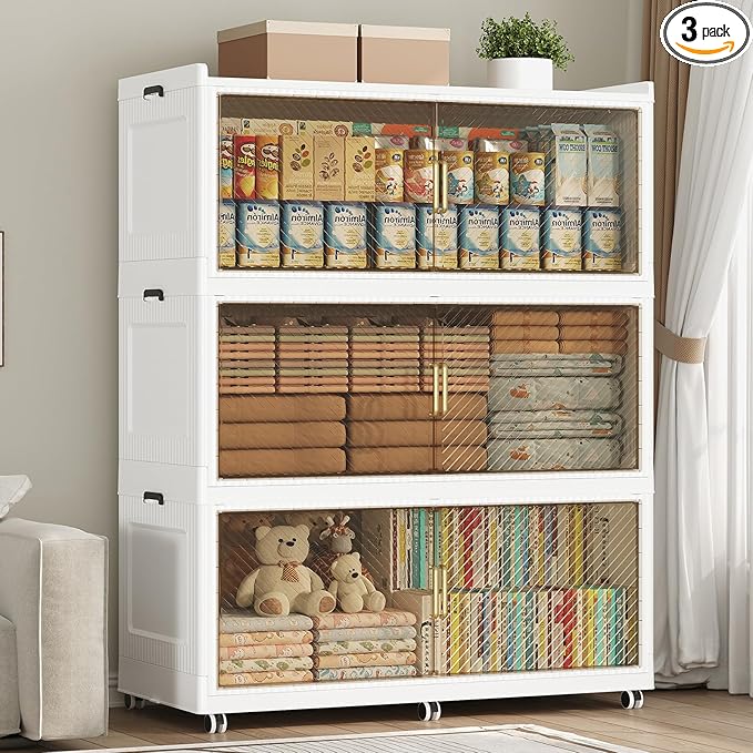 150GAL Extra Large Stackable Storage Bins with Lid, 600QT Plastic Closet Organizer and Storage Cabinet with Wheels and Doors, Folding Storage Box Container for Home Organization, 3Pack White