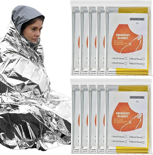 10 Pack Emergency Mylar Thermal Blankets - 63"x83" Extra Large Survival Space Blankets, Heavy Duty Reflective Camping Gear for First Aid, Hiking & Outdoor Safety (Gold-Sliver)