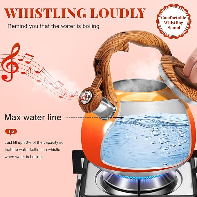 GGC Tea Kettle for Stove Top, 3.1QT/3L Whistling Tea Kettles for Boiling Water, Coffee or Milk, Red Sunset Tea Pot with Wood Pattern Handle, Stainless Steel Tea Pot for Home and Kitchen