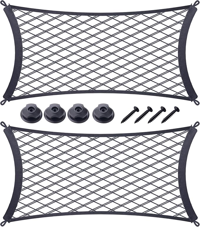 JINGKE 2 Pcs Small Cargo Net Pocket Elastic Mesh Netting Car Mesh Pouch with Screws and Hooks for Trunk RV Boats Home Cargo Storage (17.7'' x 9.8'')