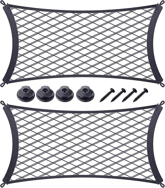 JINGKE 2 Pcs Small Cargo Net Pocket Elastic Mesh Netting Car Mesh Pouch with Screws and Hooks for Trunk RV Boats Home Cargo Storage (17.7'' x 9.8'')