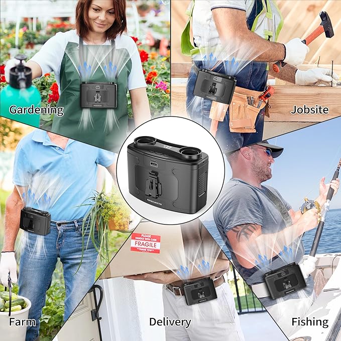 10000mAh Portable Waist Fan, Personal Fan Clip on with Rechargeable Battery operated, Dual Motors Upto 20H Cooling,10 Speeds,16000RPM Hands-Free Belt Neck Fan for Outdoor Jobsite Camping Travel