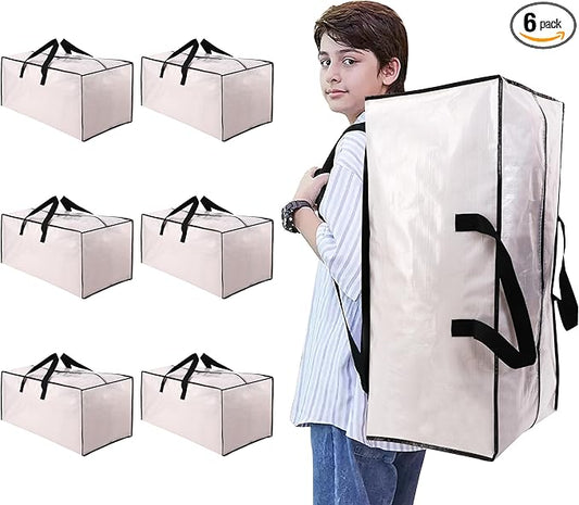 Heavy Duty Moving Bags with Backpack Straps and Strong Handles, Alternative to Moving Boxes and Storage Totes for Dorm Room Essentials, 6 Pack, Clear
