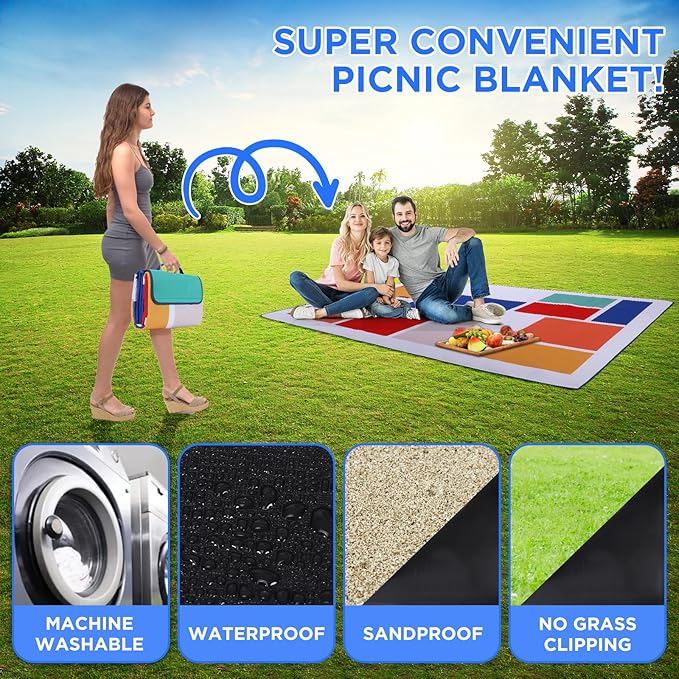 scuddles Extra Large Picnic Blanket – 79" x 59" Waterproof Outdoor Mat with 3-Layer Comfort Design, Easy Fold & Carry Strap for Beach, Camping, Hiking, Park & Family Fun