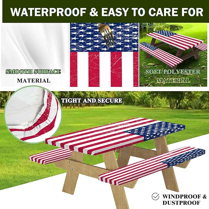 CAPSCEOLL Elastic Picnic Table Cover with Bench Covers 5Ft Waterproof Fitted Picnic Table Cover Cloths for Outdoors Camping Tablecloth with Drawstring Bag, 60X30in, American Flag