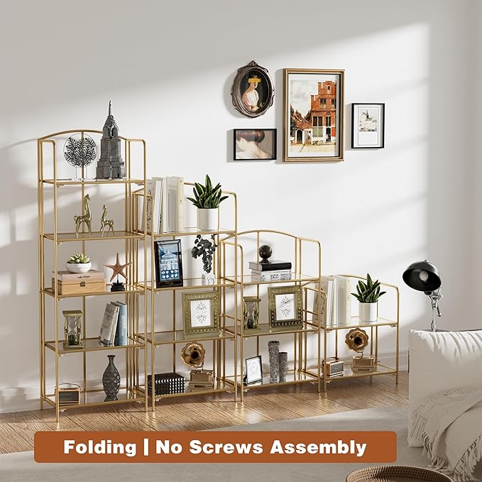 Crofy No Assembly Folding Bookshelf for Living Room, 4 Tier Gold Collapsible Book Shelf for Home Office, Portable Bookcase Storage Organizer